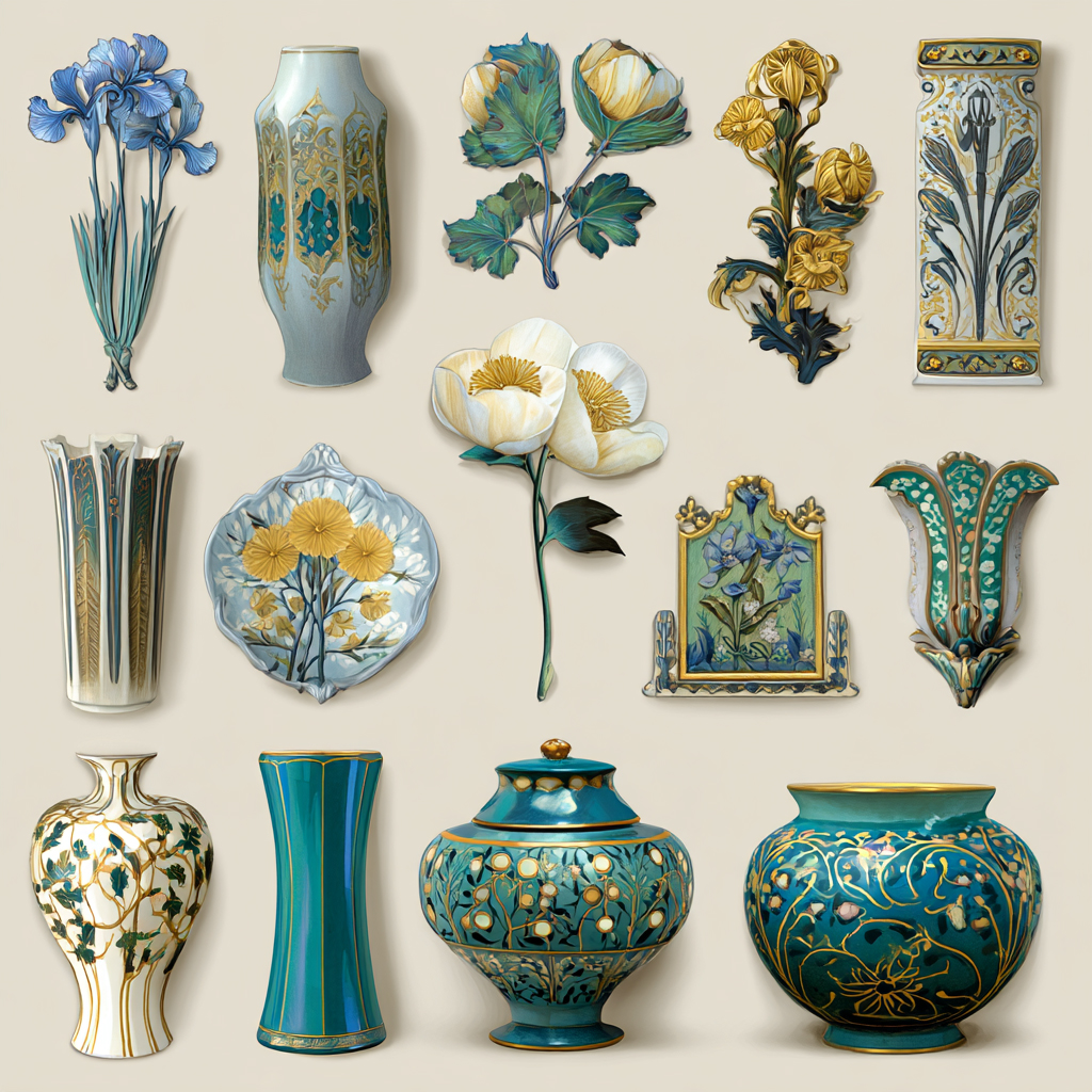 Edwardian Art Nouveau accents: botanical motifs, curved lines, decorative objects
