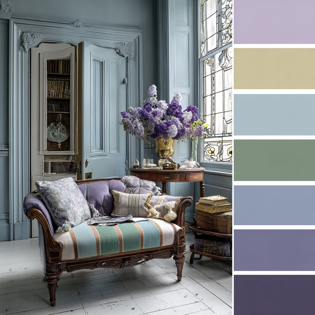 Edwardian color palette: pastel blues, pearl gray, lilac and muted greens